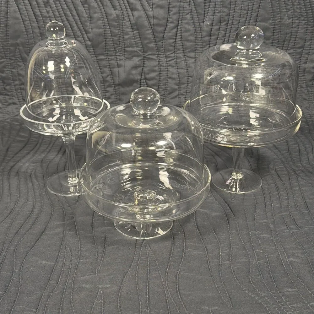 Set of 3 Clear Glass Pedestal Cake Stands w/ Domed Lids Cloches 8